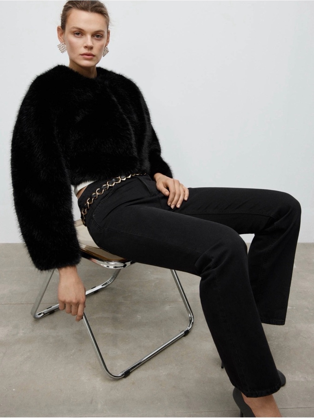 Mango Black Cropped Faux Fur Jacket Size XL